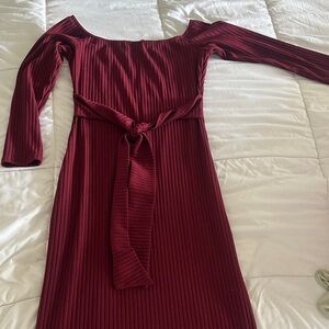 Ribbed Off-Shoulder Belted Midi Dress - Burgundy